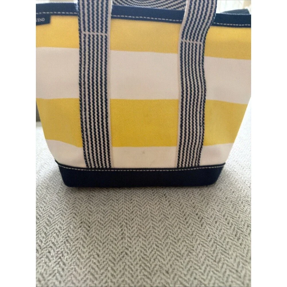LANDS END Boat Bag Tote Nautical Yellow and Navy Stripe Mini